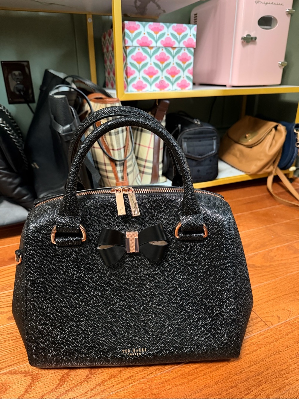 Ted Baker Black Textured Bow Dome Satchel with Rose Gold Hardware